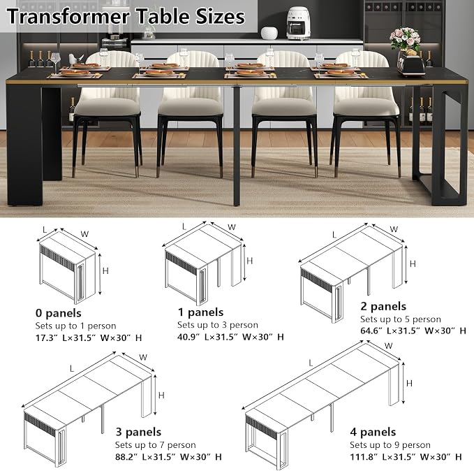 Extendable Dining Table, Transformer Folding Console Table for 2-8 People, 17"-112" Space Saving Dining Room Table, Wood Black Faux Marble Dining Table, Kitchen and Dining Room Furniture (No Chairs)
