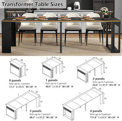 Extendable Dining Table, Transformer Folding Console Table for 2-8 People, 17"-112" Space Saving Dining Room Table, Wood Black Faux Marble Dining Table, Kitchen and Dining Room Furniture (No Chairs)