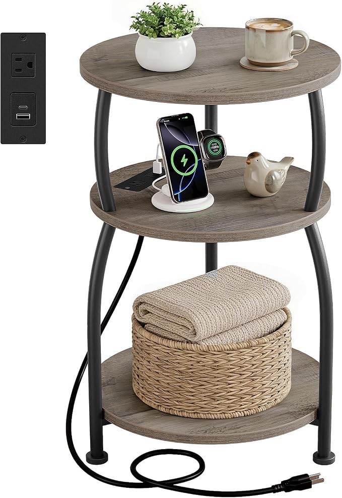Round Side Table with Power Outlet & USB Ports, 3-Tier End Table with Storage Shelf, 15.7" Wide Nightstand for Small Spaces, Tall Bedside Table Capable of Charging Laptops & Phones, Rustic Brown