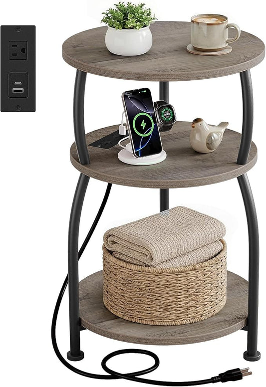 Round Side Table with Power Outlet & USB Ports, 3-Tier End Table with Storage Shelf, 15.7" Wide Nightstand for Small Spaces, Tall Bedside Table Capable of Charging Laptops & Phones, Rustic Brown