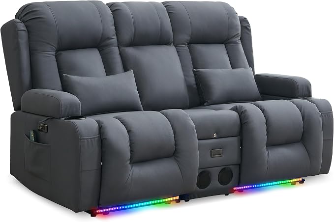 URRED Power Loveseat Recliner Sofa with Massage and Heat, Wall Hugger Reclining Loveseat with Console, RV Couch Home Theater Seating with LED Lights for Living Room (Blue Grey, 67" - 2 Seats)
