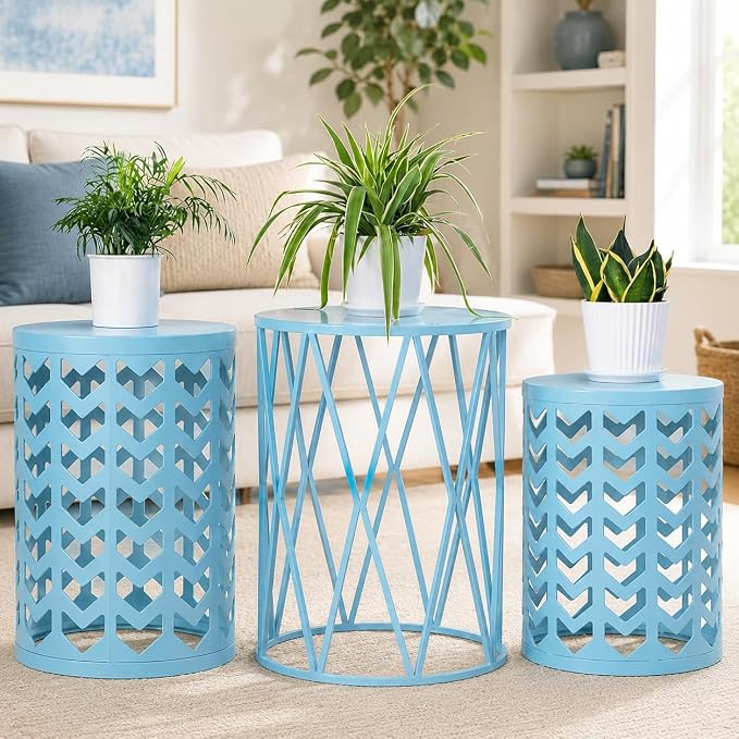Nesting Side Table Set of 3 Decorative Round Garden Stools for Indoor Outdoor Heavy Duty Metal Frame Side Table Nightstands Modern End Table Plant Stand, Light Blue