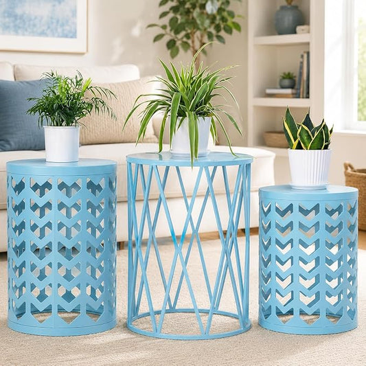 Nesting Side Table Set of 3 Decorative Round Garden Stools for Indoor Outdoor Heavy Duty Metal Frame Side Table Nightstands Modern End Table Plant Stand, Light Blue