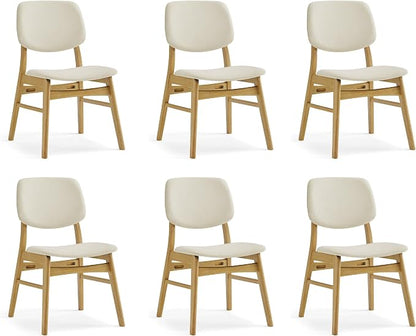 KISLOT Wooden Dining Chairs Set of 6, Upholstered Modern Dining Room Chairs, Mid Century Solid Oak Wood Kitchen Chairs for Farmhouse, Restaurant, Café (Cream Fabric & Original Color)