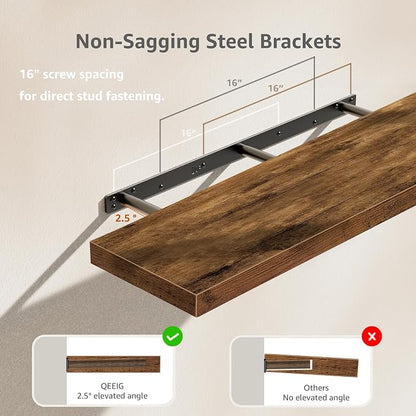QEEIG Floating Shelves for Wall 39.4" Long - Wall Mounted Shelf Bathroom Kitchen Living Room Bedroom Farmhouse Home Decor Display Bookshelf Large 39.4 x 9.3 inch Set of 2, Rustic Brown (008-100BN)