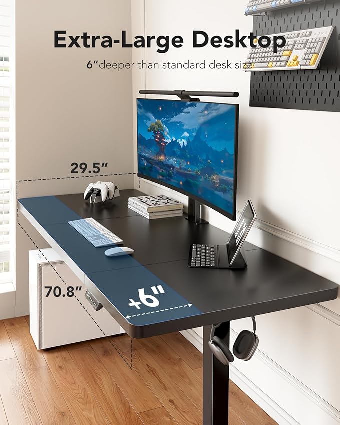 HUANUO 71x30 Inch Large Electric Standing Desk, Height Adjustable, Black | Spacious Gaming Electric Desk, 220lbs Carbon Steel Frame with <55dB Brushless Motor & 4 Height Presets. Ships in 2 Packages