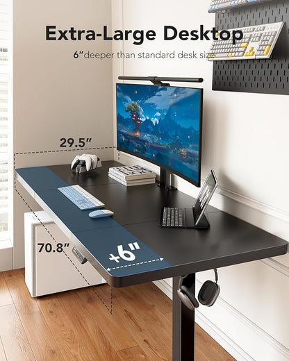 HUANUO 71x30 Inch Large Electric Standing Desk, Height Adjustable, Black | Spacious Gaming Electric Desk, 220lbs Carbon Steel Frame with <55dB Brushless Motor & 4 Height Presets. Ships in 2 Packages