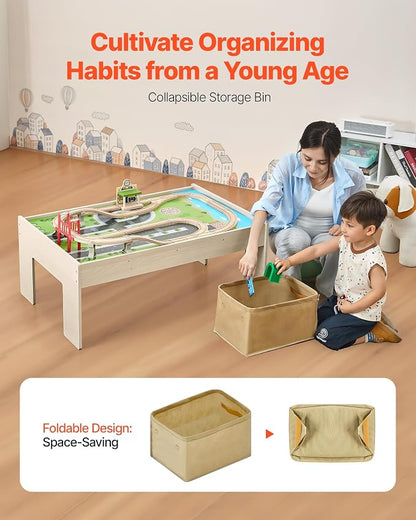 VEVOR Train Table, 84 Multicolor Pieces Wooden Kids Activity Table with Collapsible Storage Bin, 3-in-1 Wooden Train Set for Gaming, Drawing, Reading, Eating, Creative Toy Set for Kids Ages 3+
