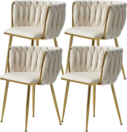 Velvet Dining Chairs Set of 4, Modern Dining Chair with Golden Metal Legs, Woven Upholstered Dining Chairs for Dining Room, Kitchen, Vanity, Living Room (Beige)