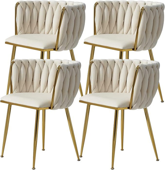 Velvet Dining Chairs Set of 4, Modern Dining Chair with Golden Metal Legs, Woven Upholstered Dining Chairs for Dining Room, Kitchen, Vanity, Living Room (Beige)