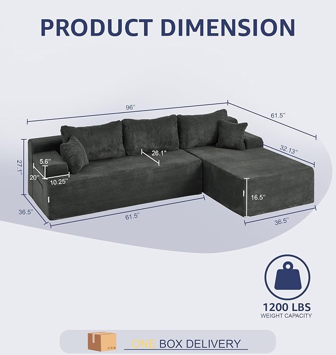 Hobestluk Modular Sectional Sofa Couches L-Shape Couch 3 Seat Modular Sofa Memory Foam Sectional Couches for Living Room, Cloud Couch with Oversized Chaise (Grey Corduroy, 96", Right Hand Facing)