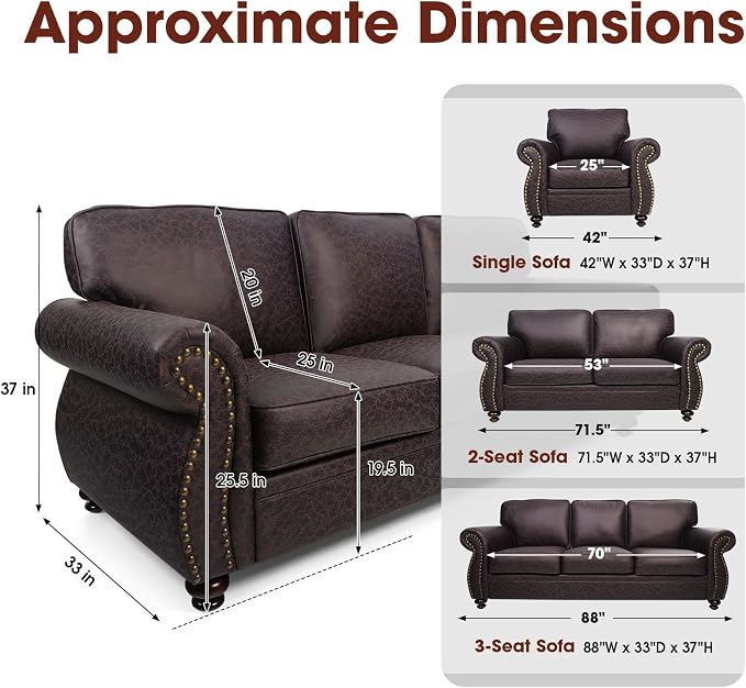 Couchus Living Room Furniture Sets,Sofa Sets and Couch Sets for Living Room,Mid-Century Vintage Sofa Couches with Rivet Design (Brown, 2 Single+3 Seater)