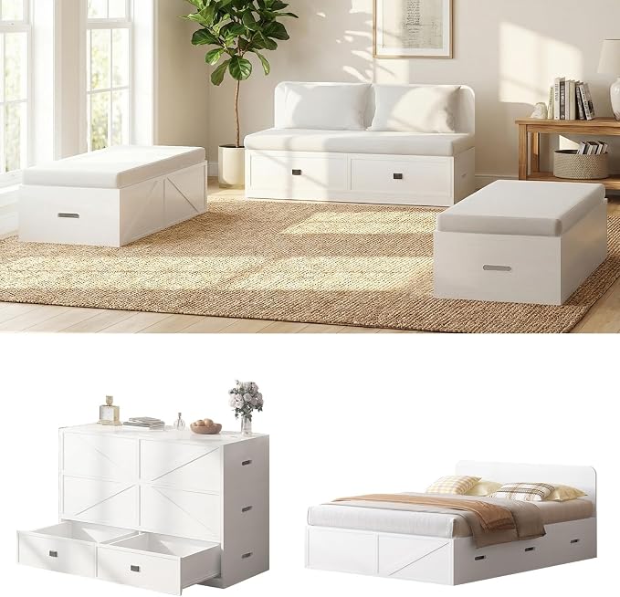CECER 3-in-1 Full Murphy Bed with Mattress for Small Space -White | Multi-Functional Desgin that Converts to Sofa Set，Bed and Cabinet，Easy Assemble ＆ Conversion