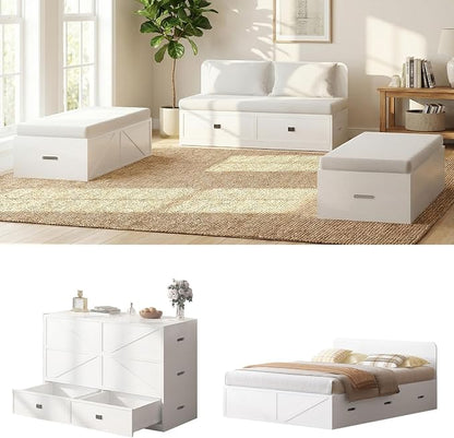 CECER 3-in-1 Full Murphy Bed with Mattress for Small Space -White | Multi-Functional Desgin that Converts to Sofa Set，Bed and Cabinet，Easy Assemble ＆ Conversion