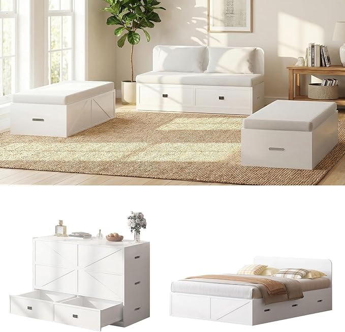 CECER 3-in-1 Queen Murphy Bed with Mattress for Small Space -White | Multi-Functional Desgin that Converts to Sofa Set，Bed and Cabinet，Easy Assemble ＆ Conversion