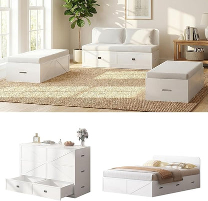 CECER 3-in-1 Queen Murphy Bed with Mattress for Small Space -White | Multi-Functional Desgin that Converts to Sofa Set，Bed and Cabinet，Easy Assemble ＆ Conversion