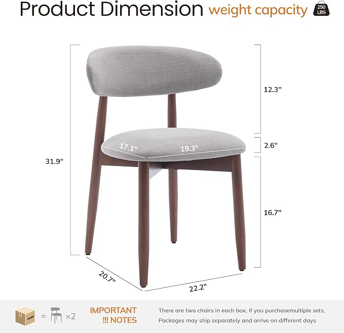 COLAMY Mid-Century Modern Wooden Dining Chair Set of 6, Indoor Upholstered Kitchen Chairs with 2.6" Cozy Padded Seat, Walnut Finish Side Dining Chair, [Gray]