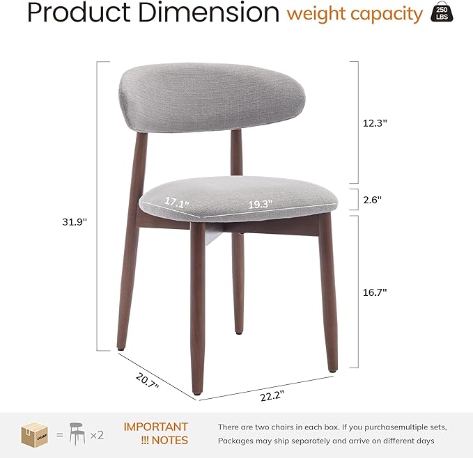 COLAMY Mid-Century Modern Wooden Dining Chair Set of 4, Indoor Upholstered Kitchen Chairs with 2.6" Cozy Padded Seat, Walnut Finish Side Dining Chair, [Gray]