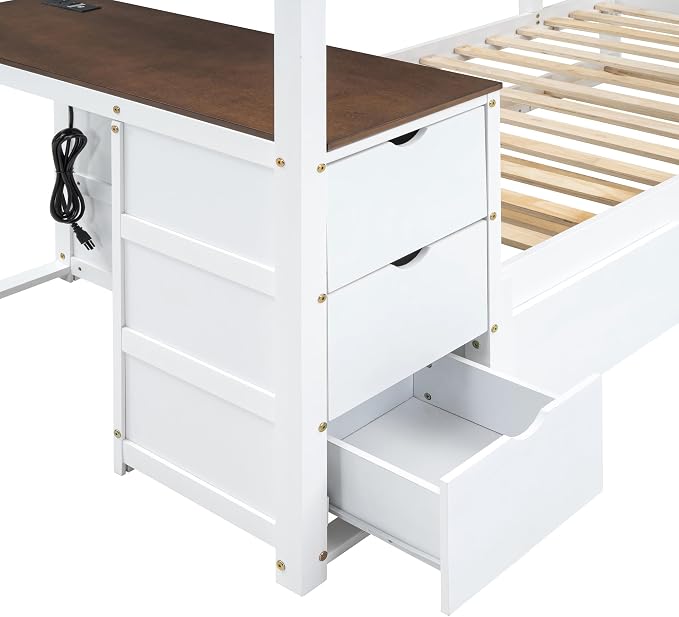 Ball & Cast Twin-Over-Twin Bunk Bed with Twin Size Trundle,Solid Wood Bedframe W/Desk & Drawers,USB,Space Saving,Easy Assembly,Multifunctional Bedroom Furniture Set for Boys Girls Teens,White+Walnut