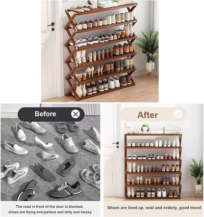 Bamboo Multilayer Foldable Tall Shoe Rack Boots Organizer Storage Sturdy Narrow Shoe Shelf for Entryway, Closet, Porch, Dorm, Living Room, Bedroom