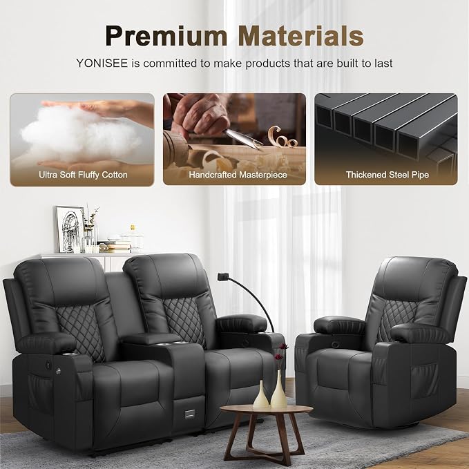 YONISEE Living Room Furniture Set, Loveseat Recliner 2 Seater and 360° Swivel Recliner Chair with Massage, Luxury Reclining Sofa 2PC Set for Living Room (2+1)