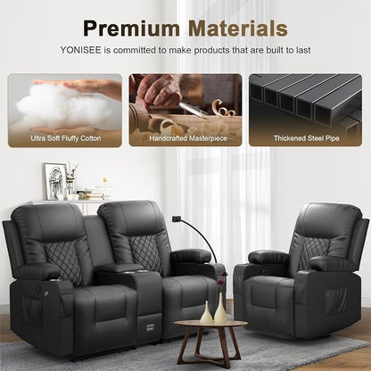 YONISEE Living Room Furniture Set, Loveseat Recliner 2 Seater and 360° Swivel Recliner Chair with Massage, Luxury Reclining Sofa 2PC Set for Living Room (2+1)