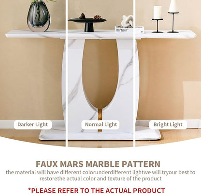 LKTART 55" MDF Console Table for Entryway, Narrow Entryway Table with Faux Marble Pattern, Couch Tables Behind Sofa with U-Shaped Base for Living Room Hallway Foyer, White