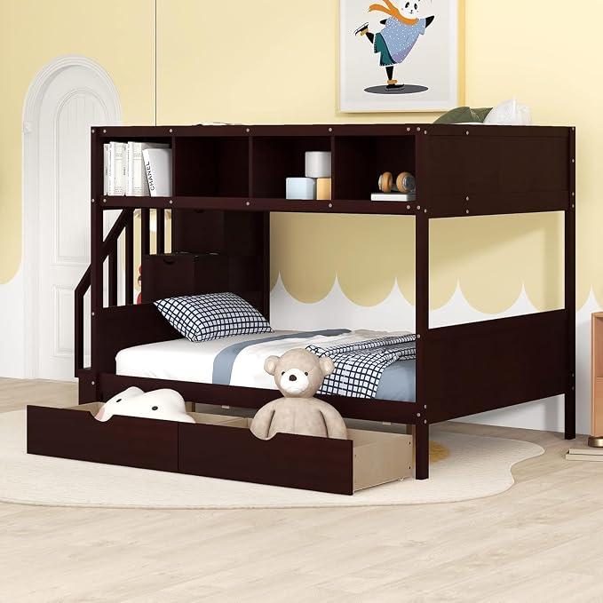 MERITLINE Twin Over Full Bunk Bed with Stairs, Storage Shelves and Drawers, Solid Wood Bunk Bed Frame with Storage, for Teens Adults (Espresso)