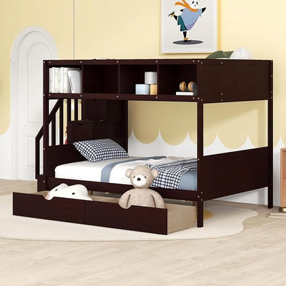 MERITLINE Twin Over Full Bunk Bed with Stairs, Storage Shelves and Drawers, Solid Wood Bunk Bed Frame with Storage, for Teens Adults (Espresso)