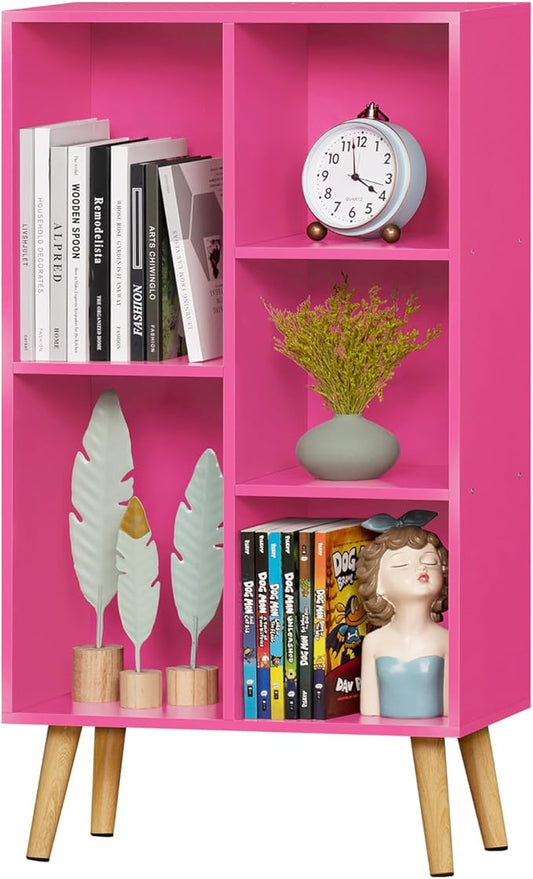 LEYAOYAO 5 Cube Bookshelf, 3-Tier Bookcase with Legs, Pink Kids Book Shelf Cute Storage Organizer, Free Standing Open Toy Shelves Modern Bookshelves,Wood Display Bookcases for Bedroom,Living Room