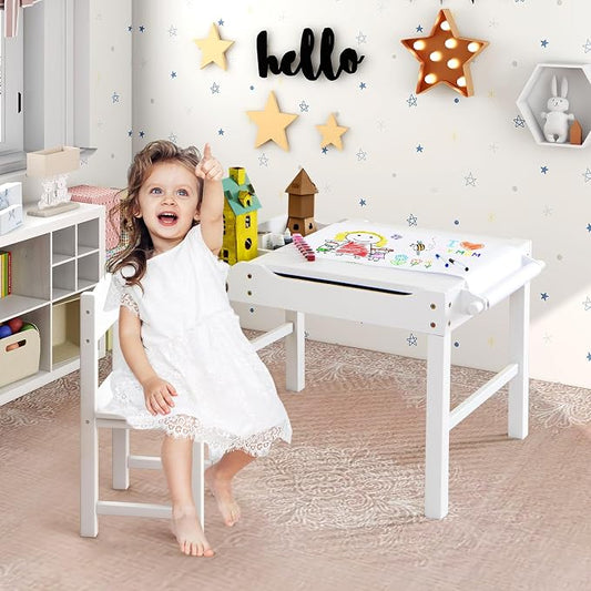 HONEY JOY Kids Table, 2 in 1 Toddler Wooden Activity Table with Paper Roll, Convertible Building Block Tabletop, 3 Storage Compartments, Children Furniture Set for Daycare, Playroom, White