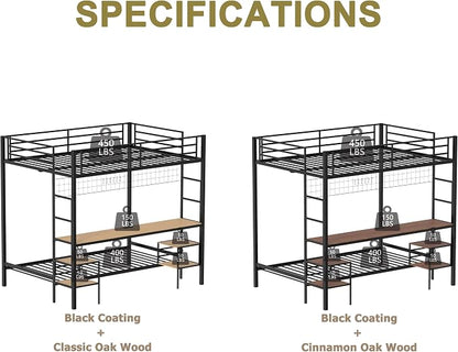 Bellemave Full Over Twin bunk Bed with Desk, loft Bed with Desk and Shelves, Full Over Twin Metal Bunk Beds with Charging Station, Black & Cinnamon Oak