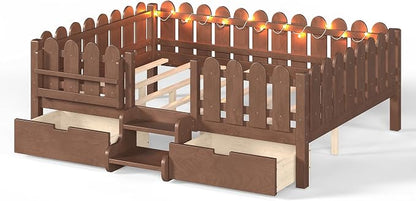 Bellemave Queen Kids Montessori Bed with Stairs, Bookshelf and LED Lights, Solid Wood Kids Bed Frame with Storage Drawers for Boys Girls, Low Profile,Deep Natural