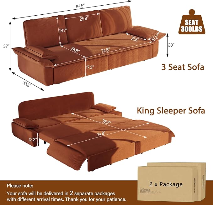 94.5" Pull Out Couch King Size, Futon Sofa Bed, 3-in-1 Convertible Sleeper Sofa Bed with Cushion Armrest, Modern Corduroy Loveseat Couches for Living Room, Small Space, Apartment, Orange