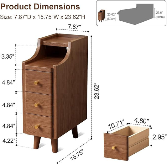 Solid Wood Narrow Nightstand with Drawers,Walnut Nightstand Wood Bedside Table Modern for Bedroom,Study,Toilet