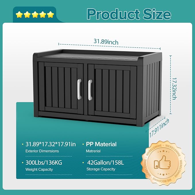 DRATO Indoor Outdoor Shoe Storage Cabinet, Waterproof Shoe Cabinet with Adjustable Shelves, Multifunctional Resin Storage Bench for Entryway, Foyer, Hallway (Black, Duble Doors)