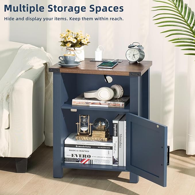 Joaxswe Night Stand with Charging Station and USB Port, 18 Inch Farmhouse Nightstand with Storage Shelf, Rustic Couch End Table with Magnetic Door, Wood Bed Side Tables for Bedroom, Home, Nayv Blue
