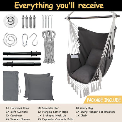 Hammock Chair Hanging Rope Swing Chair,Max 450 Lbs, Large Hanging Chair with Pocket, 2 Cushions, Removable Steel Bar, Hardware Kit Included, Superior Comfort for Indoor Outdoor (Dark Grey)