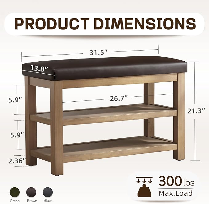 Zihanhome Shoe Rack Bench with Leather Cushion, 2 Tier Solid Wood Storage Bench, Mid-Century Modern Shoe Bench for Entryway, Hallway, Closet, Front Door Entrance, Foyer (Dark Brown, 31.5)