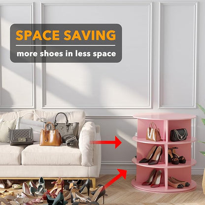 SpaceAid 3 Tier Rotating Shoe Rack Tower, Spinning Shoe Display Lazy Susan, Revolving 360 Shoe Rack Storage Round Carousel, Vertical Handbag Rotate Shoes Closet Organization (3-Tier Pink)