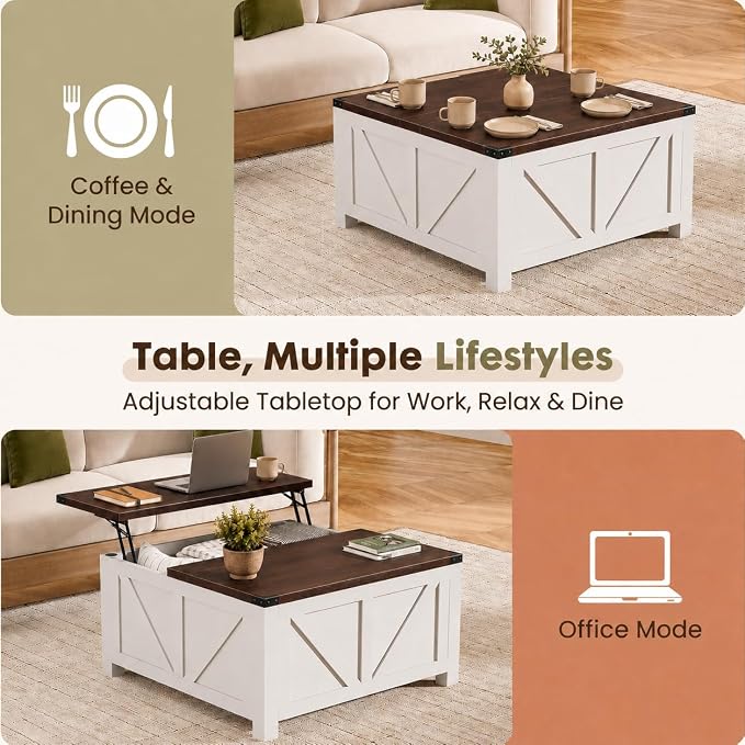 Simple Deluxe Lift Top Coffee Table with Storage, 35.5" Square Coffee Tables for Living Room, Farmhouse Coffee Table with Power Outlets, Coffee Tables with Lifting Top for Living Room (White)