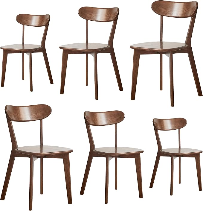 Walnut Solid Wood Dining Chairs Set of 6 – FAS-Grade North American Oak, Mid Century Modern Curved Back, 400 lbs Heavy Duty for Restaurant, Kitchen & Home