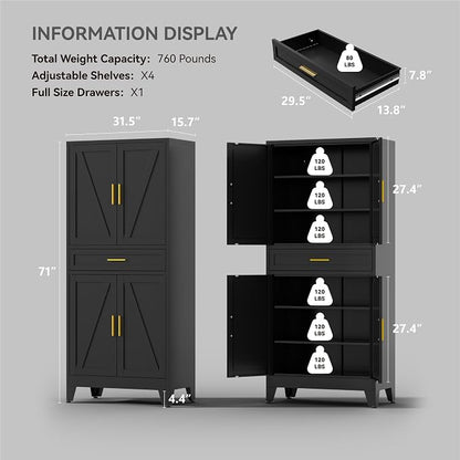 71" Tall Farmhouse Pantry Cabinet,Metal Cabinet with Doors and Shelves,Storage Cabinet for Kitchen Garage,Black 1 Pack