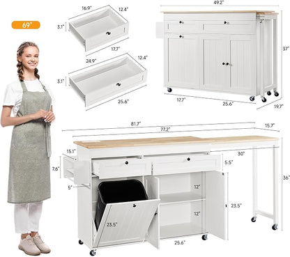 ONBRILL Kitchen Islands with Extendable Dining Table, 81.7" Mobile Kitchen Storage Islands, Rolling Kitchen Cart with Trash Cabinet, Power Outlet, Spice Rack & Towel Rack, White