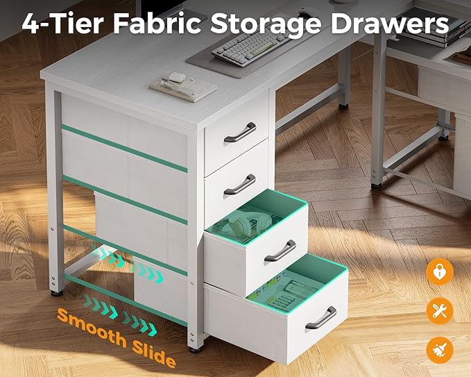 Coleshome L Shaped Computer Desk with 6 Fabric Drawers & Power Outlet, 55 Inch Corner Desk with Reversible Storage Shelf & File Drawer, Home Office Desk, White