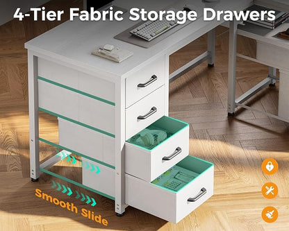 Coleshome L Shaped Computer Desk with 6 Fabric Drawers & Power Outlet, 55 Inch Corner Desk with Reversible Storage Shelf & File Drawer, Home Office Desk, White