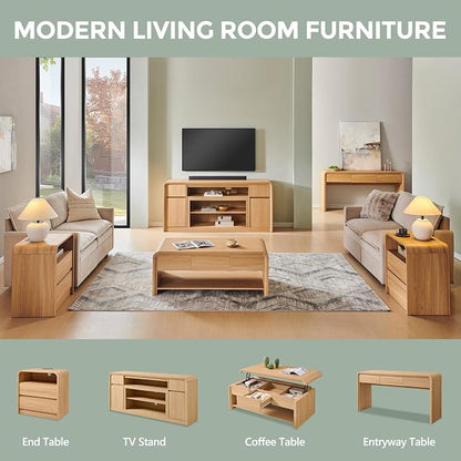 Aitjunz 63'' Console Table with 3 Drawers, Modern Entryway Table with Curved Profile Design, Narrow Long Wood Sofa Table Behind Couch Table for Living Room, Hallway, Foyer, Natural