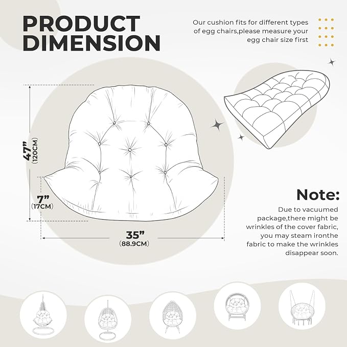 DANGHOOGY Egg Chair Cushion, Waterproof Outdoor Egg Replacement Cushions, Patio Chair Cushions for Outdoor Funiture, Thickened Hanging Chair Cushion, 35x47x7 Inches (Black)