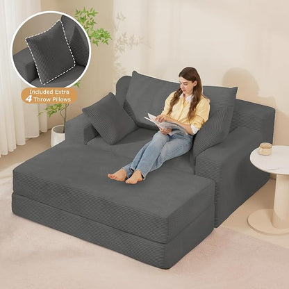 cidludto Convertible Futon Sofa Bed with Ottoman, 5 in 1 Folding Couch Bed Loveseat, Corduroy Boneless Couch with Deep Seat for Living Room Chaise Lounge Chair Indoor, No Assembly Required, Grey