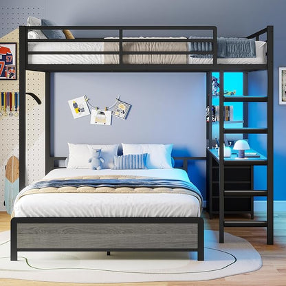ADORNEVE Twin Over Full Bunk Bed with Desk, Bunk Beds Twin Over Full Size with Charging Station & Led Lights, Storage Drawers & Shelves, Loft Bed with Safety Guardrail & Ladder for Kids/Teens, Grey